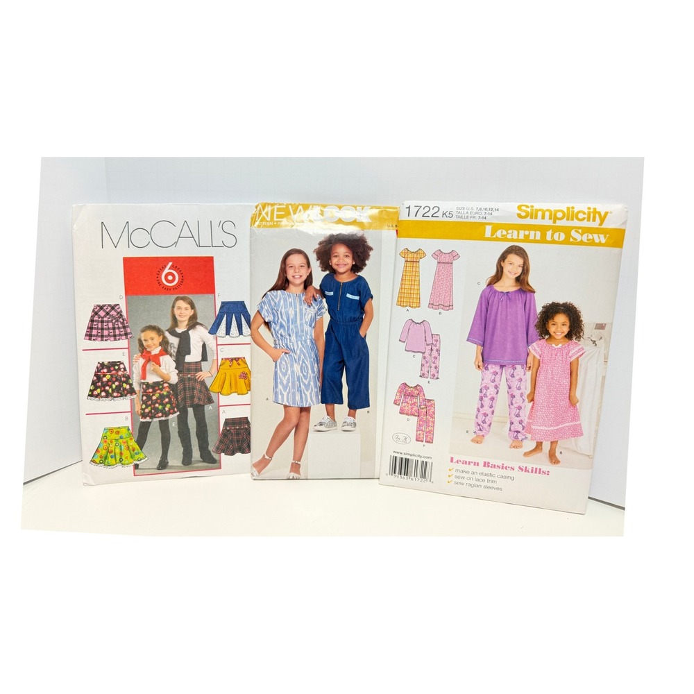 Lot 3 Girls Sewing Patterns Sizes 7–14 Uncut Skirt Dress Romper Pajamas